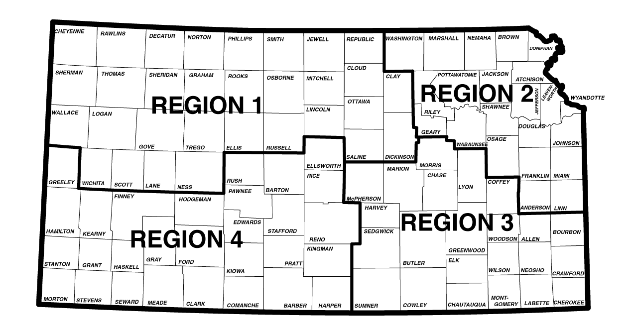 A map of Kansas with outlines and labels for each county. Thicker lines define four regions that are labeled 1 through 4.